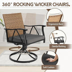5-Piece Patio Dining Set for 4，Outdoor Dining Set with Wicker Swivel Patio Dining Chairs with Cushions & 1 Black Square Woodgrain Dining Table with 1.75”Market Umbrella Hole, Black & Brown