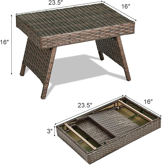 Side Table, Foldable Wicker Patio Table with Steel Frame, 110 lb Limit