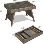 Side Table, Foldable Wicker Patio Table with Steel Frame, 110 lb Limit