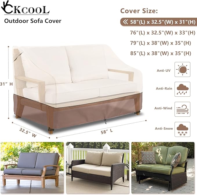 Patio Sofa Cover, Waterproof Beige and Brown, Fits Up to 58 Inch Loveseat