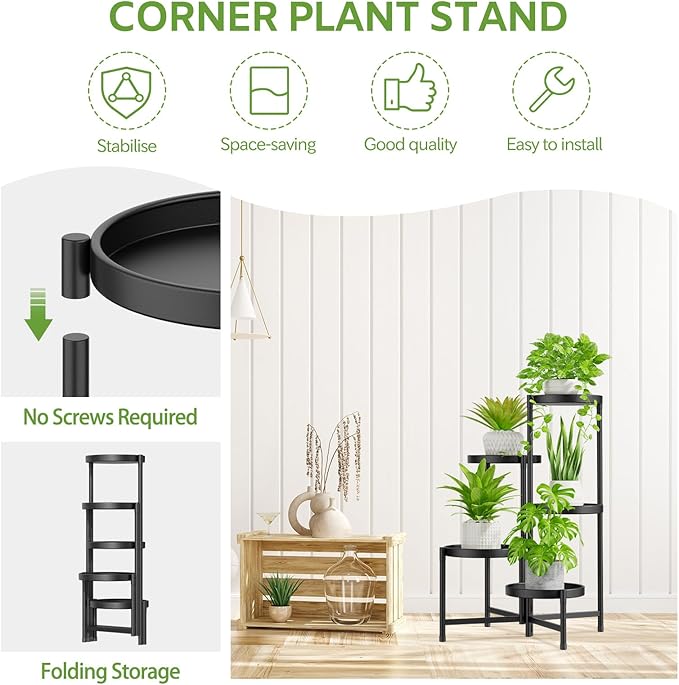 iDavosic.ly 5 Tier Large Plant Stand with Garden Tools, Tiered Corner Metal Indoor Outdoor Flower Display Holder Shelf with 10 Inch Wide Tray, Folding Tall Rack for Patio Porch Living Room, Black