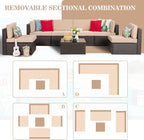 Vongrasig 7 Pieces Patio Furniture Sets, Outdoor Patio Conversation Set PE Rattan Wicker Sectional Sofa Couch with Glass Coffee Table for Garden, Poolside, Backyard, Beige