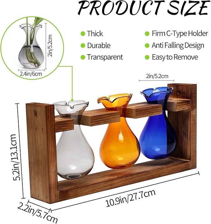 Terrarium Propagation Station with 3 Borosilicate Glass Bulbs and Wooden Stand