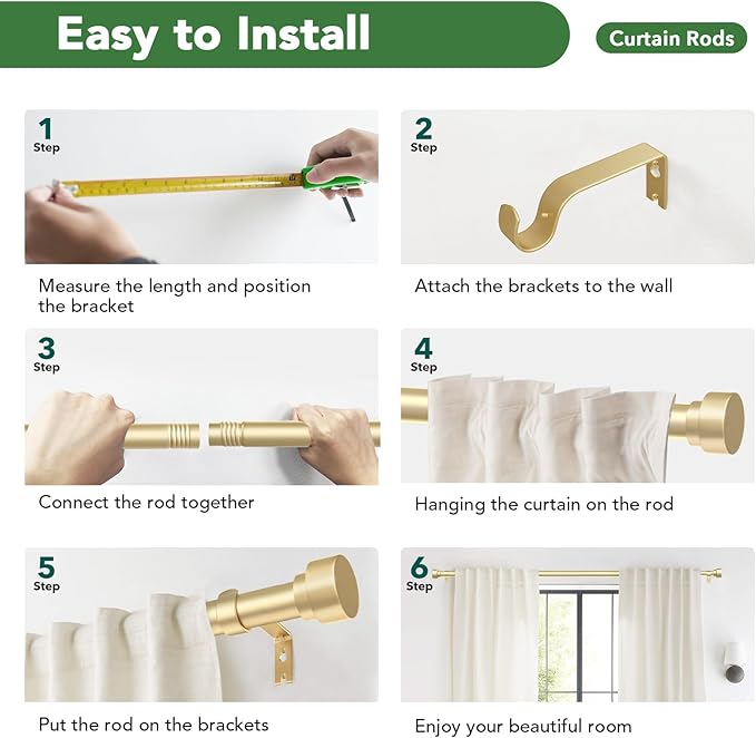 Time Forest Gold Curtain Rods for Windows 32 to 120 Inch (2.6-10 Feet), 1 Inch Diameter Adjustable Heavy Duty Extra Long Curtain Rod, Modern Style Indoor Outdoor Window Drapery Rods with End Caps