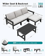 SERWALL Outdoor Sectional Sofa Set, 5-piece Outdoor Modula Couch Set with Ottoman, All Weather Patio Furniture Set with Chaise for Deck, Lawn, Black Frame with Khaki Cushion