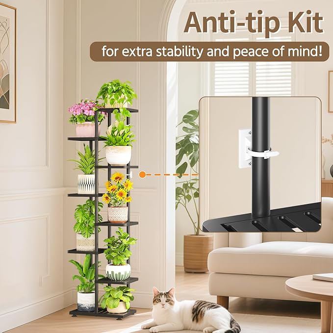 LASZOLA 7 Tier Plant Stand Indoors Outdoors for Large Heavy Duty Planter, Black Metal Tall Flower Holder Rack with Multiple Shelf for Modern Patio Corner, Vertical Organizer, Weather Resistant Bracket