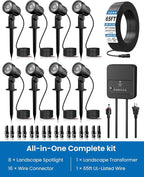 ZZXX 8 Pack Low Voltage Landscape Lights with Transformer and 65FT Wire 12-24V LED Landscape Lighting Kit 2700K Waterproof Landscape Spotlights with Connectors for House Yard Tree Garden