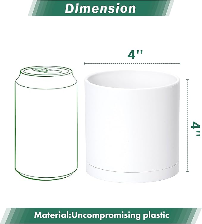 Planter Pots with Saucers, Matte White Plastic, 4 Inch, Set of 2