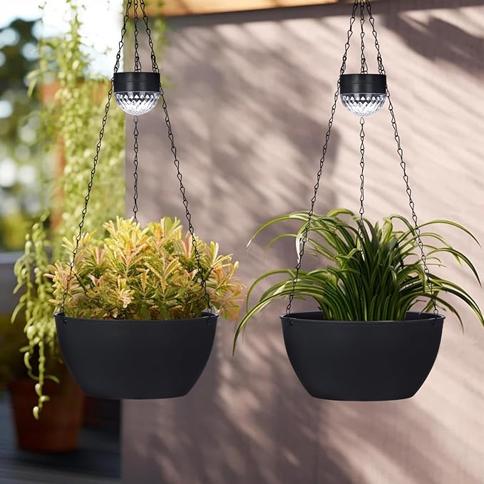 BAYN 2 Packs Solar Hanging Basket Planters for Plants Outdoor, Self Watering Black Flower Plants Pots with Solar Light Drainer for Balcony Patio Garden Outdoor Decoration