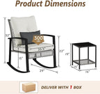3 Piece Patio Rocking Chairs Set of 2, Outdoor Rocking Chair Bistro Set with Tempered Glass Coffee Table and Thick Lumbar Pillow Set, Front Porch Chairs for Garden, Backyard (Gray Rattan)