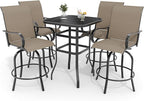 5 PCS Outdoor Bar Set with Outdoor Bistro Table and Chairs Set of 4, Bar Height Outdoor Dining Set, All Weather Mental Textilene High Swivel Bar Stools Chair Set of 4 and High Glass Bar Table