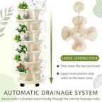 Umigy 2 Set of 7 Tier Vertical Planter Stackable Tower Planters Strawberry Herb Flower and Vegetable Pots Indoor Outdoor Gardening Pots with Removable Wheels and Tools(Beige)