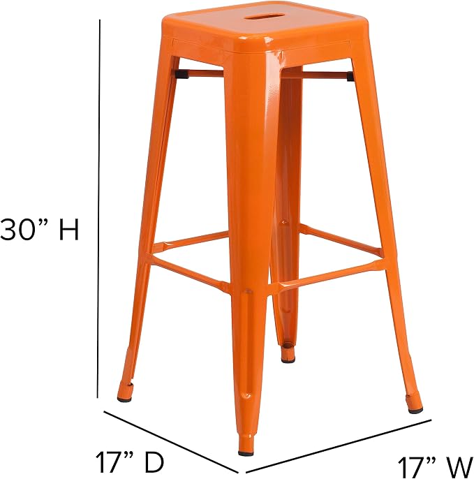 Orange Galvanized Steel Bar Stool, 30-Inch Backless, Stackable