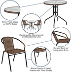 Flash Furniture Lila 28'' Round Glass Metal Table with Dark Brown Rattan Edging and 2 Dark Brown Rattan Stack Chairs
