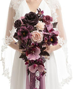 Artificial Flowers Plum Cascade Wedding Bouquet, Silk with Pearls, 13 Inch