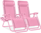 Best Choice Products Set of 2 Adjustable Steel Mesh Zero Gravity Lounge Chair Recliners w/Pillows and Cup Holder Trays - Carnation