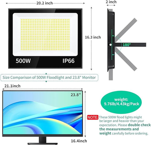 500W LED Flood Light Outdoor with Plug+10ft Cable, 60000LM Ultra Brighter 5000K Exterior Security Light, IP66 Waterproof Commercial Lighting for Sports Fields Counts Arena Stadium(2 Pack)