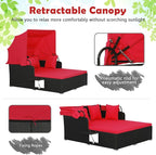 Tangkula Patio Rattan Daybed with Retractable Canopy, Outdoor Wicker Sunbed Lounger with 2 Foldable Side Tables, Thick Seat & Back Cushions, Outside Double Daybed for Garden, Backyard, Porch, Red