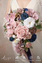 Artificial Bridal Cascade Bouquet, Dusty Rose and Navy, Pearls and Crystals