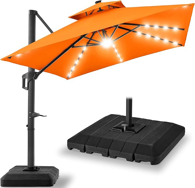 Best Choice Products 9x12ft LED Cantilever Patio Umbrella w/Base Included & 360° Rotation, Large Solar Offset Hanging Outdoor Sun Shade for Deck, Backyard Table w/Stand & Lights – Orange