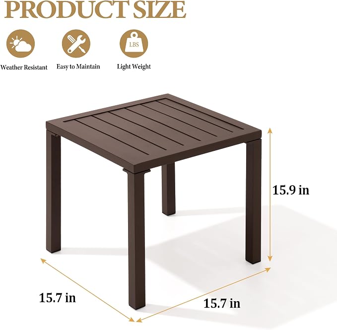 Side Table, Brown Aluminum Square Patio End Table, 15.75 Inch