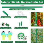 Cludoo 393PCS Garden Stakes Set with 120 Sets Fiberglass Plant Stakes Sticks Supports and Accessories, DIY 4ft 5ft 6ft 7ft Tomato Stakes for Tomato,Vegetables, Pepper, Indoor Outdoor Spring Plants