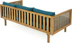 Merax 67.5" Outdoor Patio Daybed 3 Seater Sofa Bed,Acacia Wood Frame with Rattan Arm,Cushion & Pillow for Courtyard