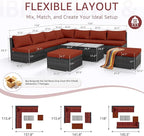 NICESOUL 11 Piece L Shape Patio Furniture Set, 29.3'' High Back Comfy Rattan Outdoor Conversations, Big Size Deep Seated Contemporary Sectionals for Backyard Deck Porch, 2 Color Cushion Red & Gray