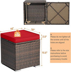 RELAX4LIFE Wicker Outdoor Storage Ottoman, 2-Piece Rattan Footstool w/Removable Cushion, Multipurpose Footrest Stool Side Table Additional Seating, Set of 2 Outdoor Ottomans for Patio Deck (Red)