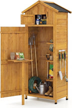Goplus All-in-One Storage Shed, 70" Tall Wooden Lockable Cabinet w/Foldable Work Table, Vertical Utility Tool Organizer w/Shelves & Hooks, Waterproof Garden Shed for Patio Backyard (Natural)