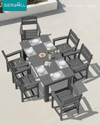 SERWALL Outdoor Dining Table Set, 67‘’ HDPE Patio Dining Set for 6, Outdoor Table and Chairs Set with 1.6-inch Umbrella Hole for Deck, Grey