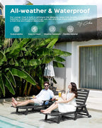 Outdoor Chaise Lounge Chair Set of 2, Patio Lounge Chairs for Outside, HDPE Lounge Chairs with Wheels & Cup Holder, Poly Lounge Chair with 5 Position for Poolside, Deck, Black