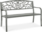 Best Choice Products Outdoor Bench Steel Garden Patio Porch Furniture for Lawn, Park, Deck w/Floral Design Backrest, Slatted Seat - Gray