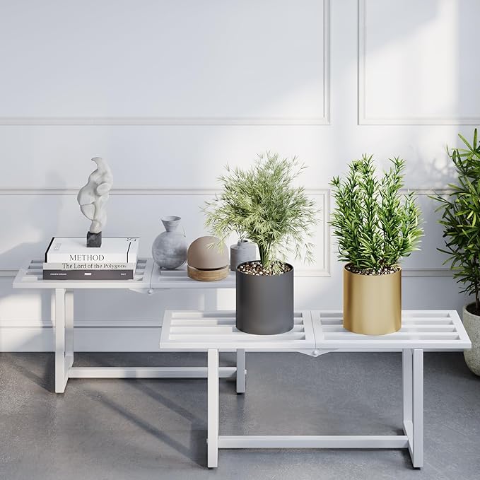 Modern Outdoor Plant Stand for Indoor Corner, Foldable Metal Plant Display Shelf for Multiple Pots,Mid Century Slatted Bench for Garden, Patio Load Bearing 330 lbs 26" L x 10.4" H x 8.6" W 2 Pack White
