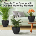 Self-Watering Plant Pots with Water Level Indicator, Drainage Holes & Saucers – 12/10/9 Inch Large Plastic Planter Set for Indoor & Outdoor Plants (Pure Black)