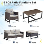 Belord 6 Piece Outdoor Furniture Patio Wicker Sofa Set, Oversize Outdoor Dining Chairs with Rattan Ottomans, Conversation Sets Patio Furniture Come with Removable Cushion Beige, Brown