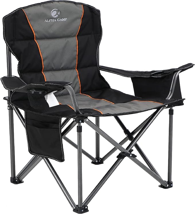 ALPHA CAMP Heavy Duty Camping Chair 500LBS Capacity, Oversized Folding Chair for Heavy People, Padded Portable Outdoor Chair with Cooler Bag & Cup Holder for Camping, Fishing, Beach