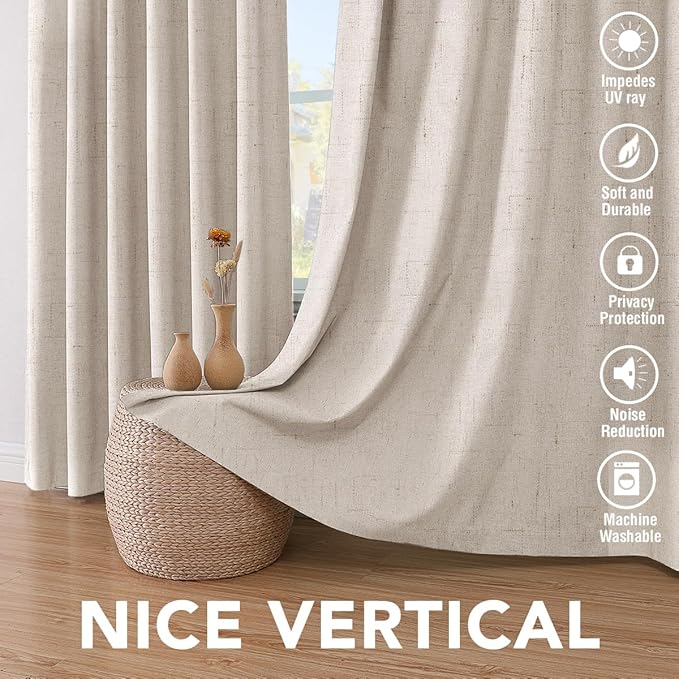 H.VERSAILTEX 72 inch Blackout Curtains, 100% Absolutely Blackout Thermal Insulated Textured Linen Look Curtain Draperies Anti-Rust Grommet Linen Curtains Blackout, 2 Panels, Natural