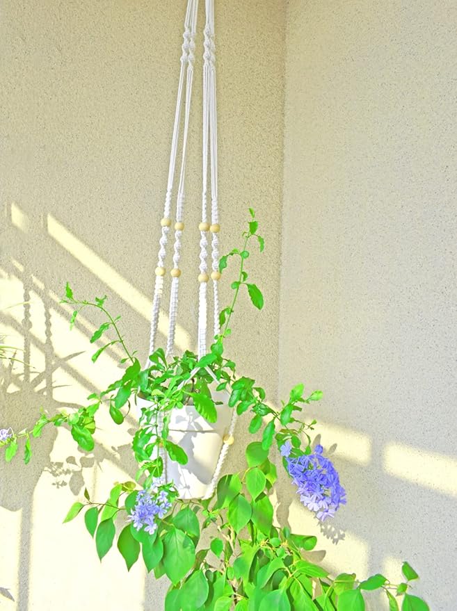 Macrame Plant Hanger Extra Long (52") Indoor Plant Holder with Beads, no Tassel- Long Plant Hanger for Tall Ceiling- Hanging Plant Holder for 6”-14”Pots -(1 Pack)