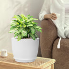 10/9/8 inch Medium Flower Pots, 3 Pack Modern Decorative Plastic Planters with Drainage Holes and Tray, Plant Pots for Indoor Outdoor Plants, White