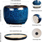 SQOWL Ceramic Planter 8 Inch - Pot for Indoor Outdoor Plants Round Ceramic Plant Pot with Drainage Hole and Saucer Modern Flower Pot Glazed Blue