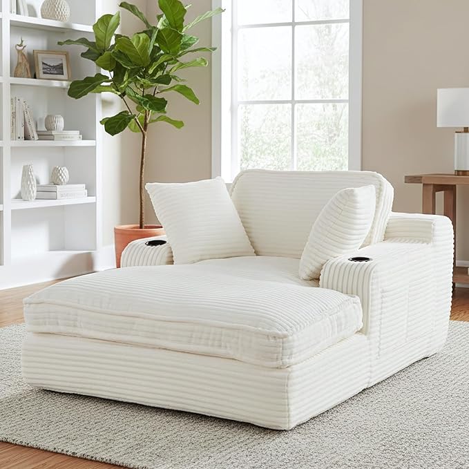 67" Oversized Chaise Lounge Chair Indoor, Soft Boneless Cloud Couch with 3 Pillows, 4 Side Pockets and 2 Cup Holders, Comfy Corduroy Sleeper Couch for Living Room Bedroom