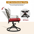 Cast Aluminum Outdoor Patio Dining Set, All Weather Outdoor Furniture Dining Set for Patio, Balcony, Lawn, Garden, Backyard (1 Round Table+4 Red Swivel Dining Chairs)