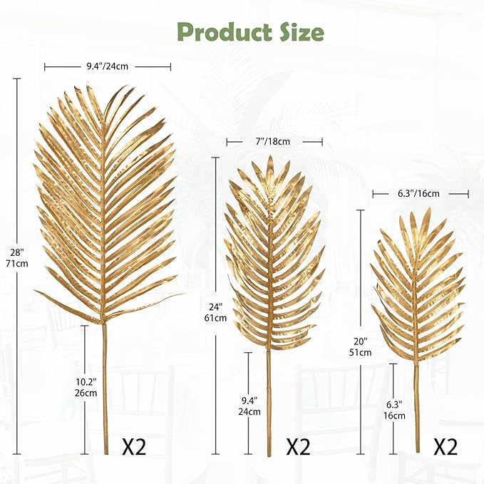 Artificial Palm Leaves Set of 6 Gold Faux Tropical Greenery