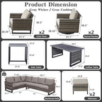 Belord Outdoor Sectional Furniture with Swivel Rocker Chair, 10 Pieces Wicker Patio Furniture Sets with Ottoman L Shaped Sofa Coffee Table Grey Cushion
