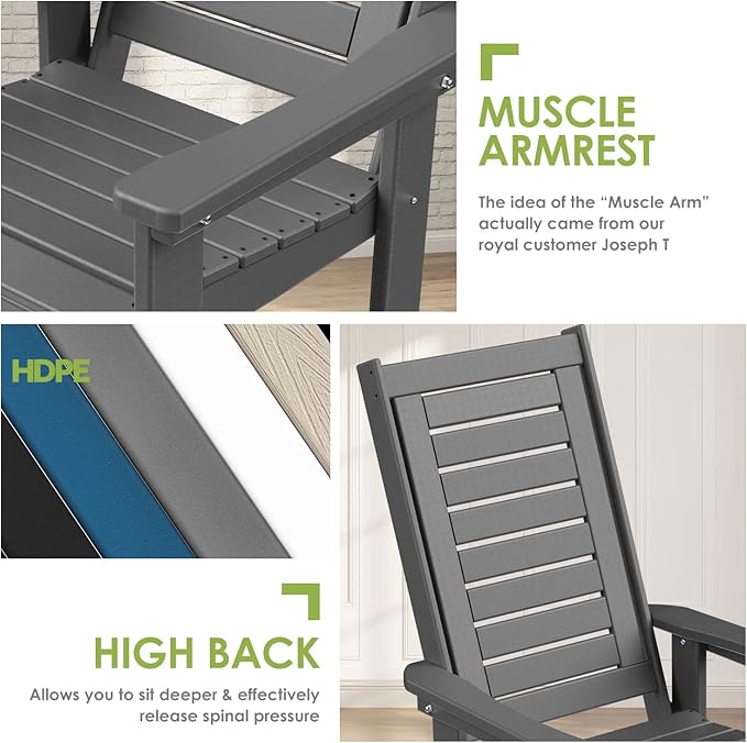 GREENVINES Outdoor Rocking Chairs | Set of 4 | Porch Rocker | HDPE Plastic | Grey | Oversized Rockers | High Back | Big & Tall | Ladder Back | for Patio Outside Backyard Balcony Garden