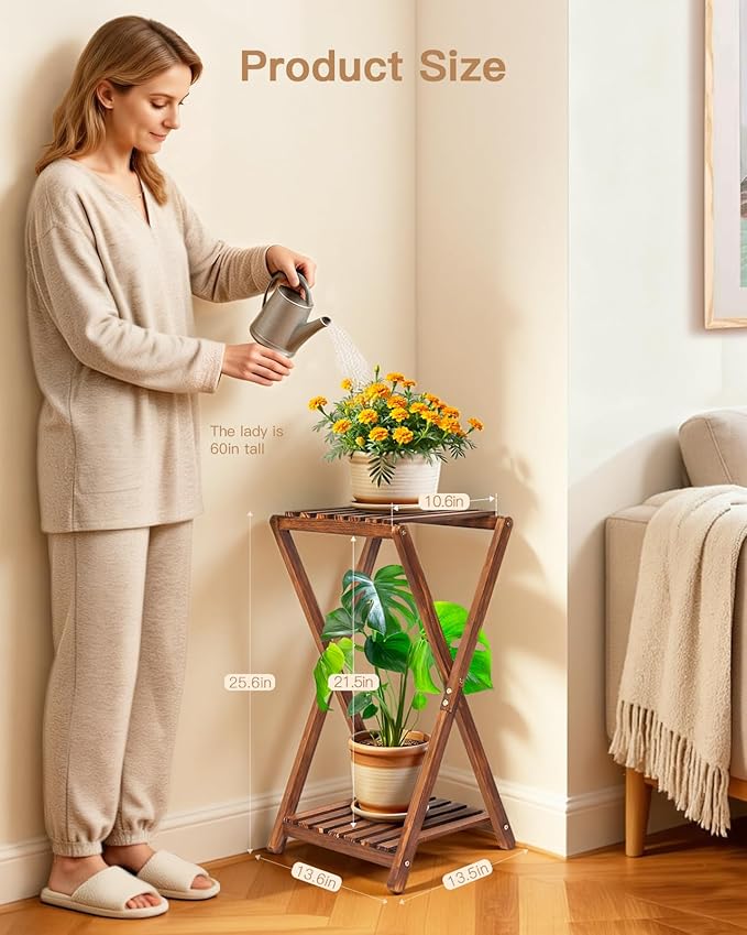 Tall Plant Stand Indoor, Wooden 2 Tier Plant Shelf for Multiple Plants,Corner Square Plant Display Rack,65in Flower Potted Stand for Living Room Balcony Bedroom Office