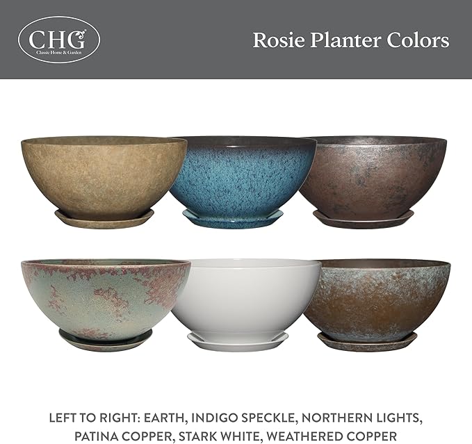 Classic Home and Garden Rosie Modern Planter w/Drainage - Contemporary Planter Bowls - Shallow Round Vases for Small Plants - Versatile Indoor & Outdoor Pots (10” Indigo Speckle)