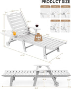 Carauci Lounge Chair Outdoor Set of 2, HDPE Chaise Lounge with Wheels, 5-Position Adjustable Backrest & 2 Cup Holders Patio Lounge Chair, All-Weather Pool Sun Lounger for Poolside, Backyard, White