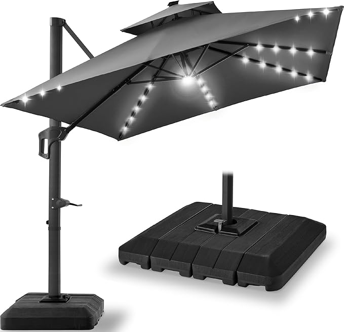 Best Choice Products 12x12ft LED Cantilever Patio Umbrella w/Base Included & 360° Rotation, Large Solar Offset Hanging Outdoor Sun Shade for Deck, Backyard Table w/Stand & Lights – Gray